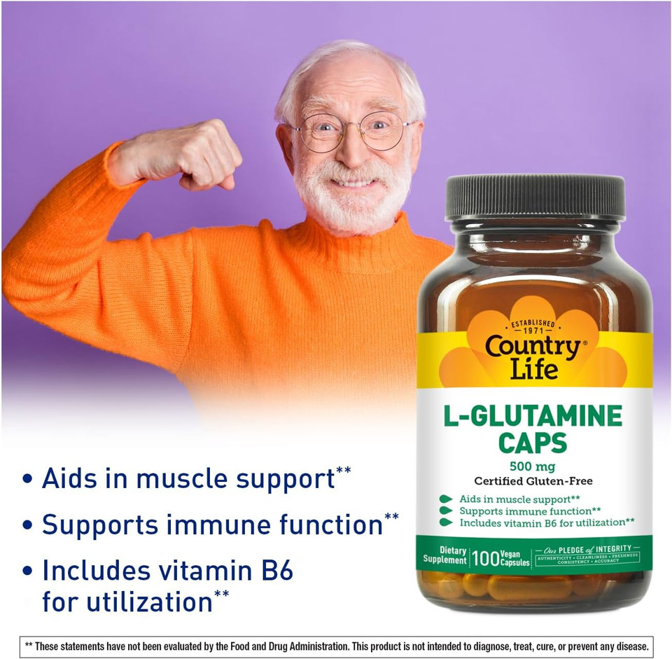 Country Life L-Glutamine 500 Mg With B6  Supports Muscle Recovery, Endurance & Athletic Performance  Vegan, Gluten-Free, Kosher Amino Acid Supplement  100 Capsules