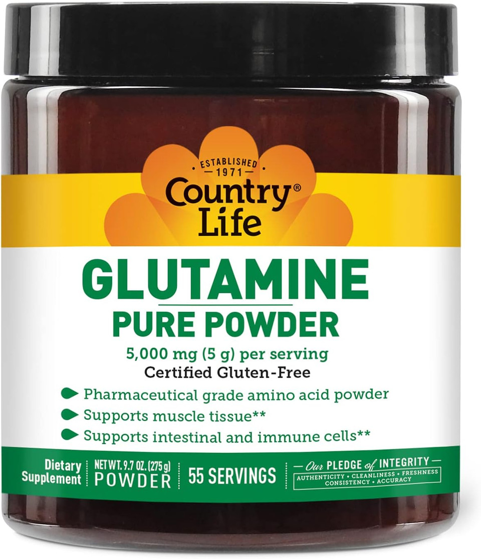 Country Life Glutamine Pure Powder - 5000Mg L-Glutamine - Muscle Tissue, Gut Health, Immune Support - Gluten-Free Certified - Ideal Pre/Post Workout Amino Acid Supplement, 55 Servings, 9.7Oz