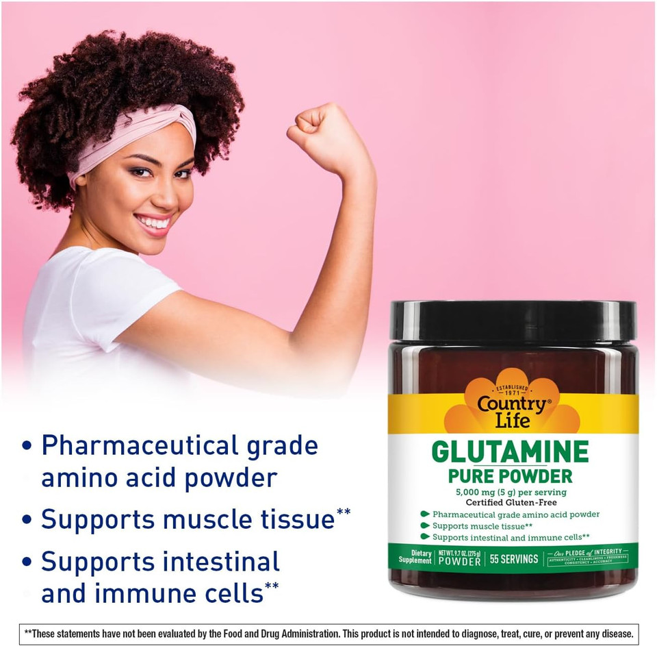 Country Life Glutamine Pure Powder - 5000Mg L-Glutamine - Muscle Tissue, Gut Health, Immune Support - Gluten-Free Certified - Ideal Pre/Post Workout Amino Acid Supplement, 55 Servings, 9.7Oz