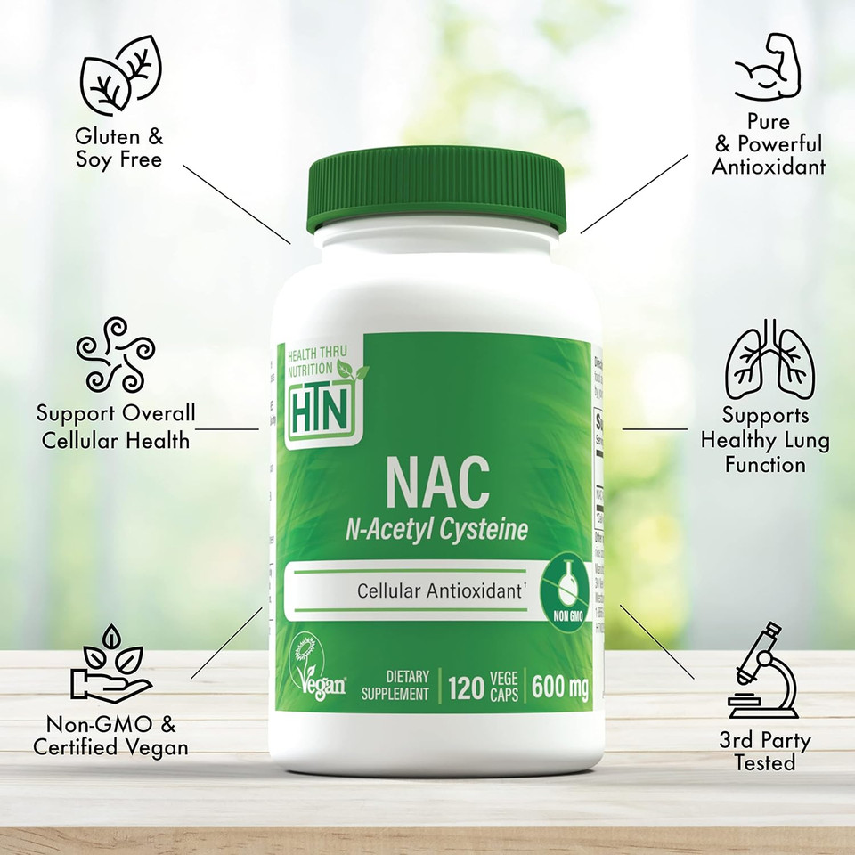 Health Thru Nutrition Nac N-Acetyl-Cysteine 600Mg 60 Capsules | Vegan Certified | The Purest Nac Supplement | Supports Healthy Lung, Liver Functions & Cellular Health | Non-Gmo Soy & Gluten Free
