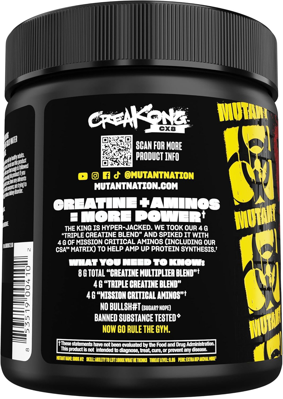 Mutant Creakong Cx8  Advanced Creatine + Amino Supplement With 4G Triple Creatine Blend, 4G Amino Blend (Bcaas & Taurine) For Muscle Growth & Performance  Unflavoured, 249G (30 Servings)