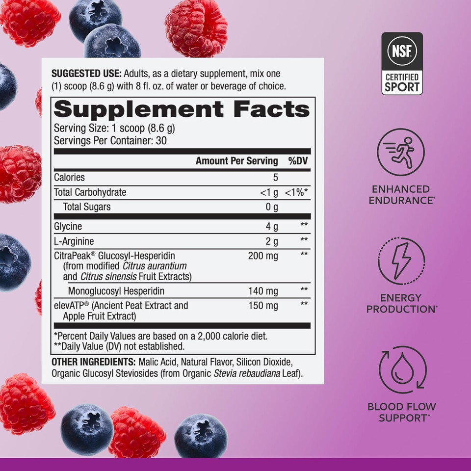 Pure Power Endurance Powder, Berry Blast Flavor, 9.1 Oz (258 G), 30 Servings, 4 G Of Glycine, 2 G Of L-Arginine, 0 G Of Sugar, Non-Gmo, Nsf Certified For Sport, Dr. Mercola