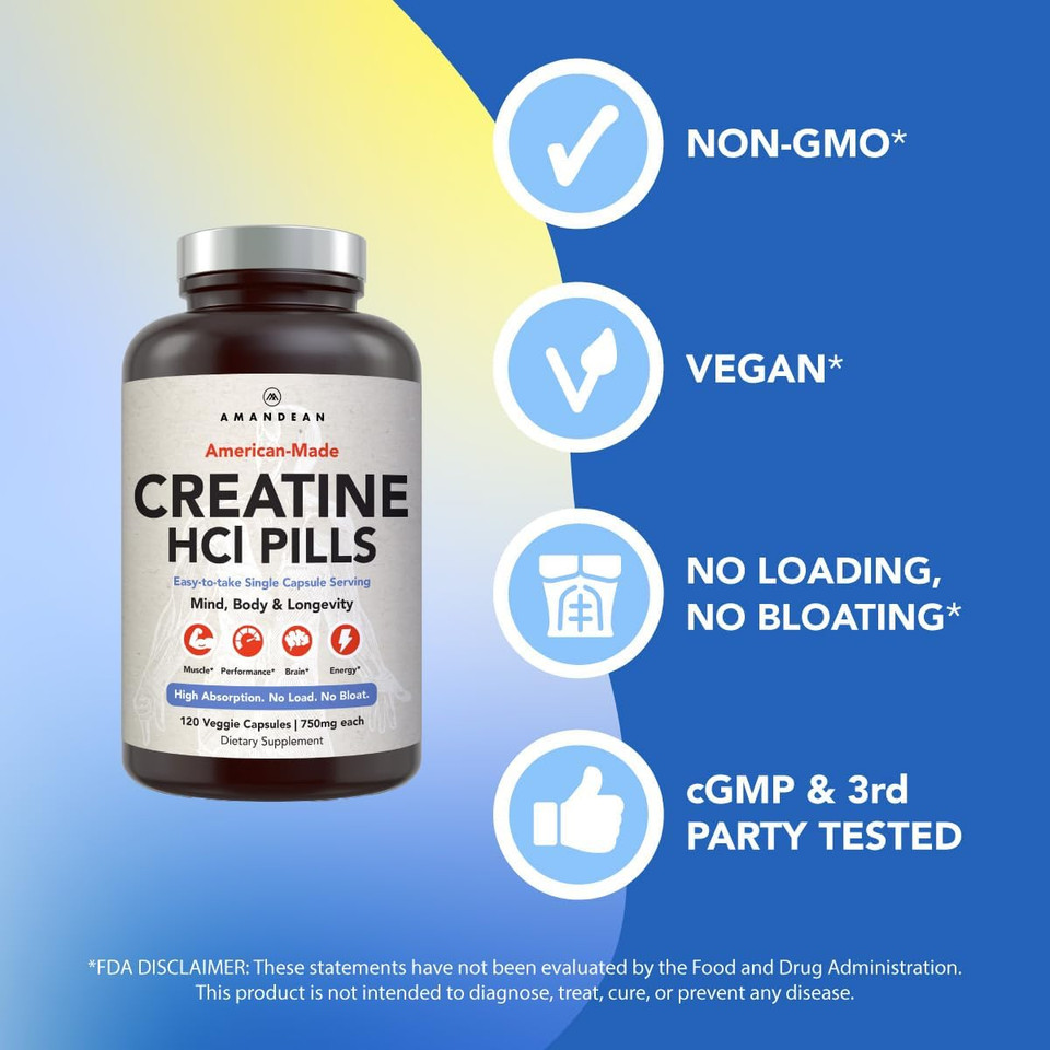 Amandean Creatine Hcl Pills. American Made Con-Cret. 120 Capsules. 7X Concentrated Vs Monohydrate Powder. No Bloat. Muscle, Energy, Cognitive, Recovery Support For Men & Women. Gluten Free, Non-Gmo