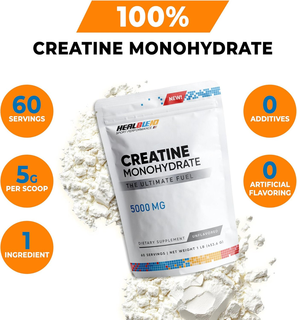 Healblend Creatine Monohydrate Powder 5000Mg - Unflavored Micronized Creatine For Muscle Gain, Improve Performance & Pre-Workout Recovery - 60 Servings