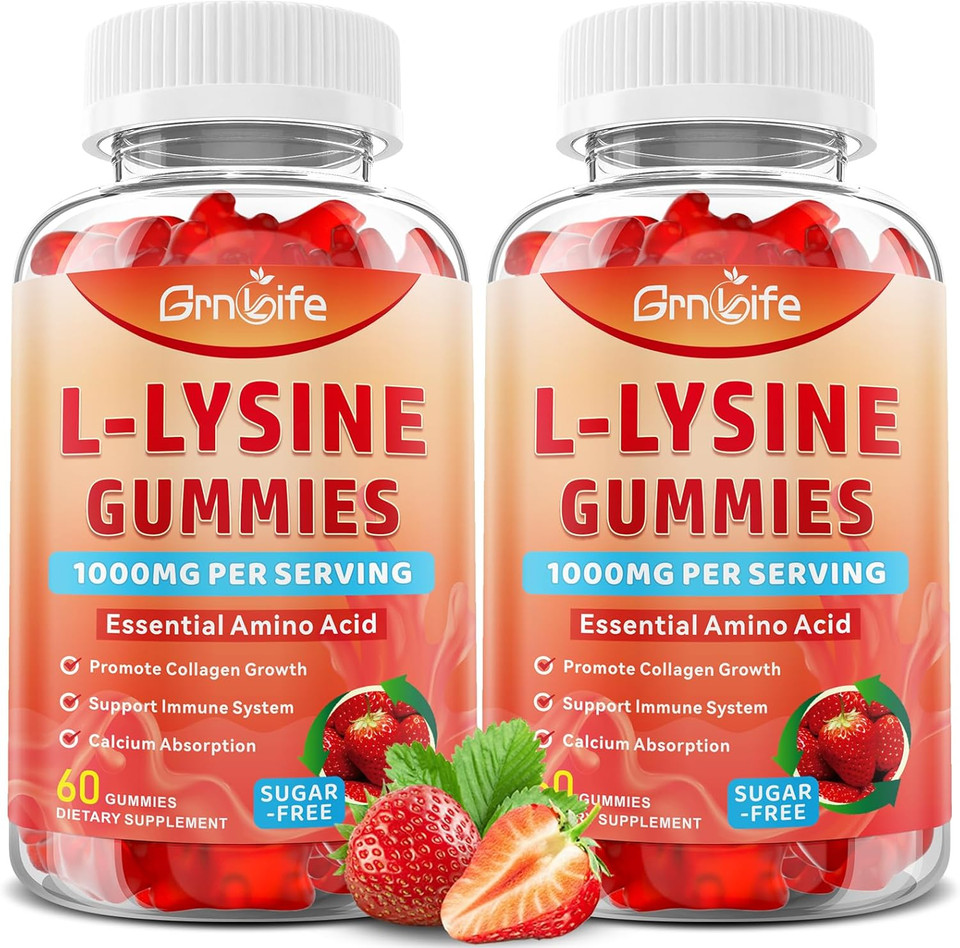 L-Lysine 1000Mg Gummies, Chewable Lysine Supplement For Adults & Kids, Essential Amino Acid Supplement For Immune Support, Collagen Formation Support, Strawberry, 60 Count