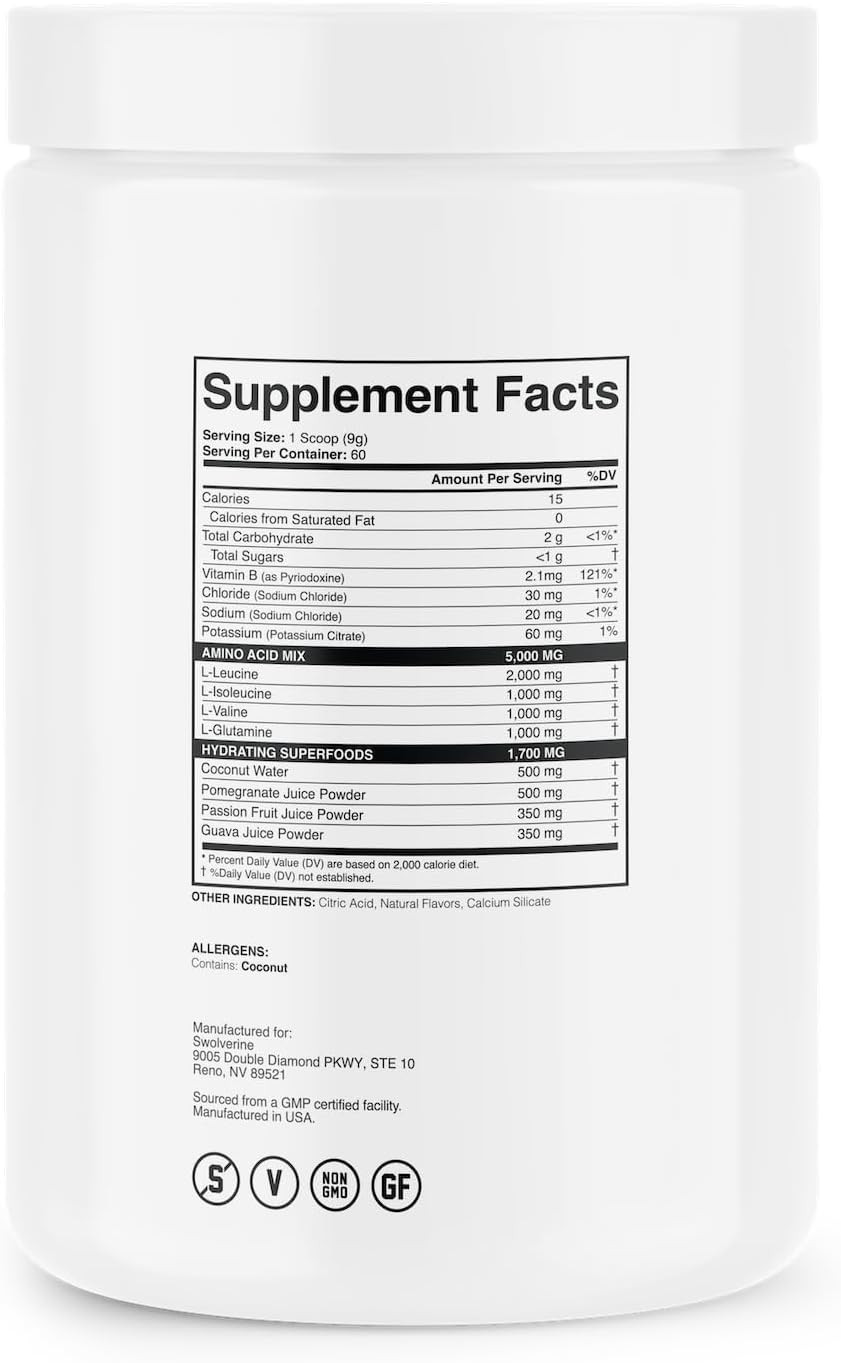 Swolverine Bcaa 2:1:1 | Electrolyte Recovery Drink, Branched Chain Amino Acids With L-Glutamine, Hydrating Formula, (60 Servings) (Pineapple Passionfruit)