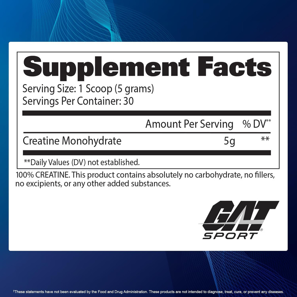 Gat Sport Creatine Monohydrate Powder, 150 Grams, Strength, Brain Health, Glp1 Support Anti-Oxidant, Endurance, For Men & Women, 1 Month Supply, Unflavored (30 Servings)