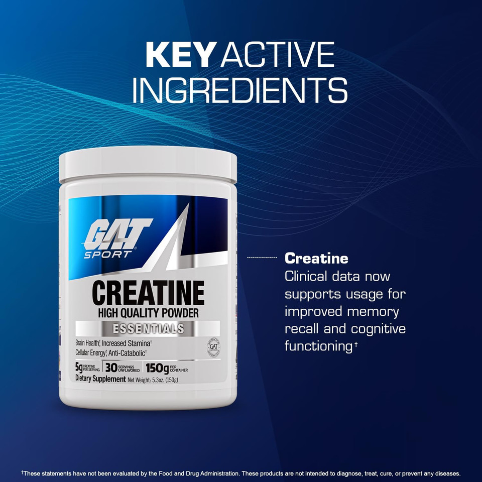 Gat Sport Creatine Monohydrate Powder, 150 Grams, Strength, Brain Health, Glp1 Support Anti-Oxidant, Endurance, For Men & Women, 1 Month Supply, Unflavored (30 Servings)