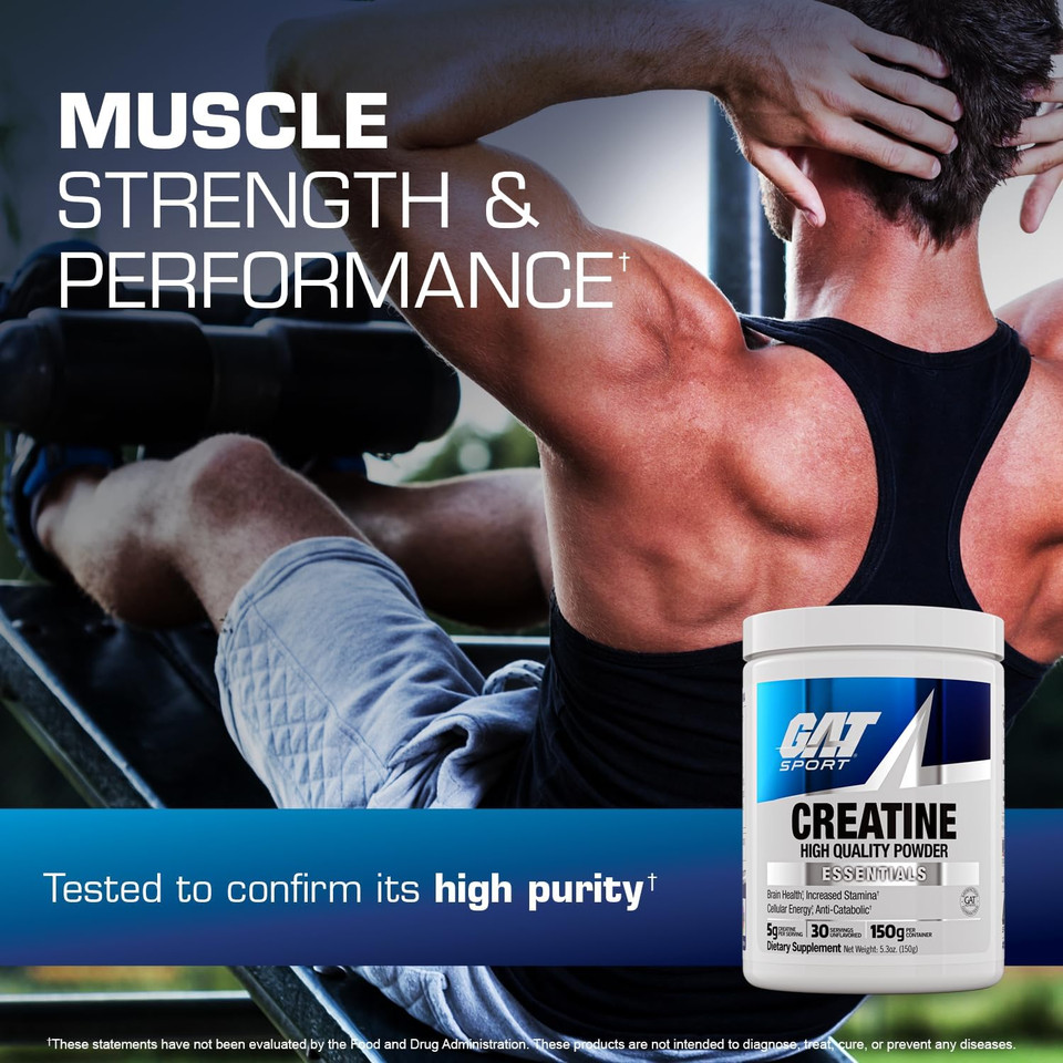 Gat Sport Creatine Monohydrate Powder, 150 Grams, Strength, Brain Health, Glp1 Support Anti-Oxidant, Endurance, For Men & Women, 1 Month Supply, Unflavored (30 Servings)