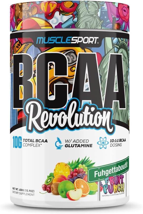 Musclesport Bcaa Revolution Amino Acid Powder Supplement For Men & Women - Intra Workout Training Complex - Recovery Supplement (Fuhgettaboutit Fruit Punch, 30 Servings)