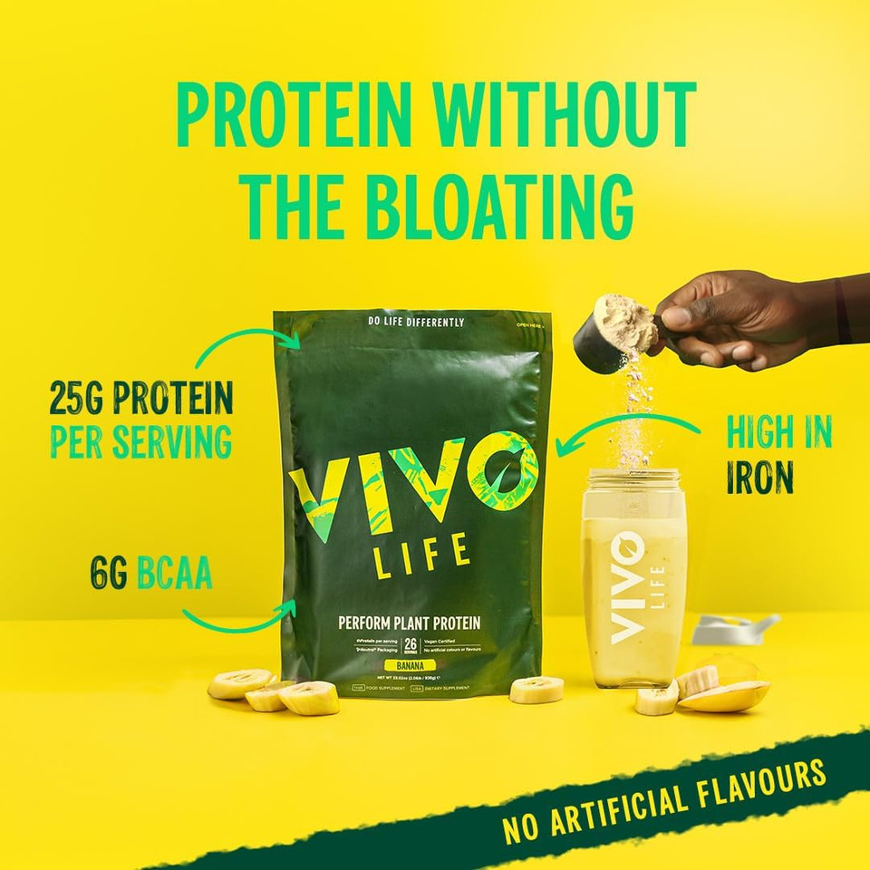 Vivo Life Perform Plant Protein Powder - Vegan Banana & Cinnamon, 26 Servings - 988G (34.85Oz) - Pea & Hemp Protein Blend With Bcaa