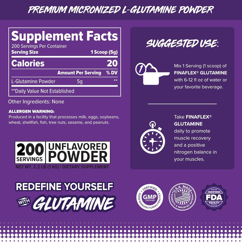 Finaflex Pure Glutamine, Unflavored - 2.2 Lbs - Ultimate Muscle Recovery Powder - Reduces Muscle Breakdown & Supports Nitrogen Levels - 100% Pure L-Glutamine - 200 Servings