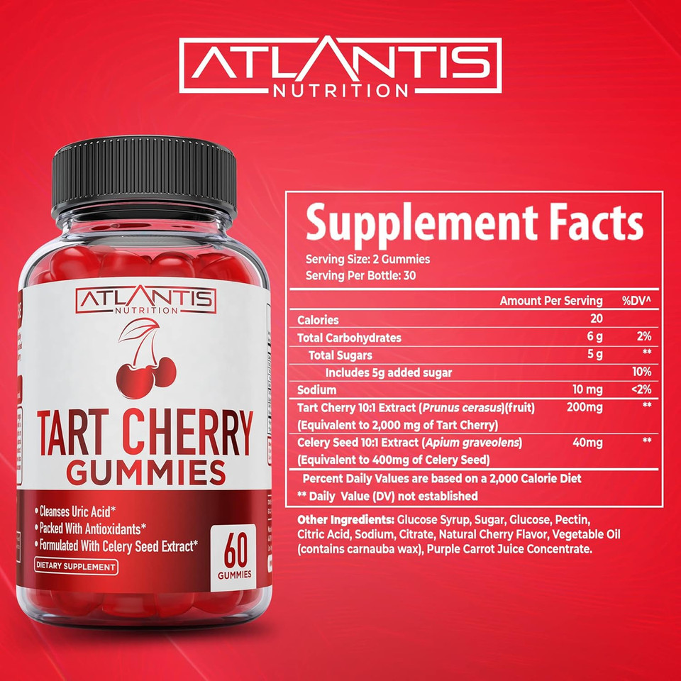 Atlantis Nutrition Tart Cherry Gummies With Celery Seed Extract - Advanced Uric Acid Cleanse For Immediate Gout Relief, Joint Relief & Recovery | Powerful Antioxidant With Joint Support - 60 Gummies
