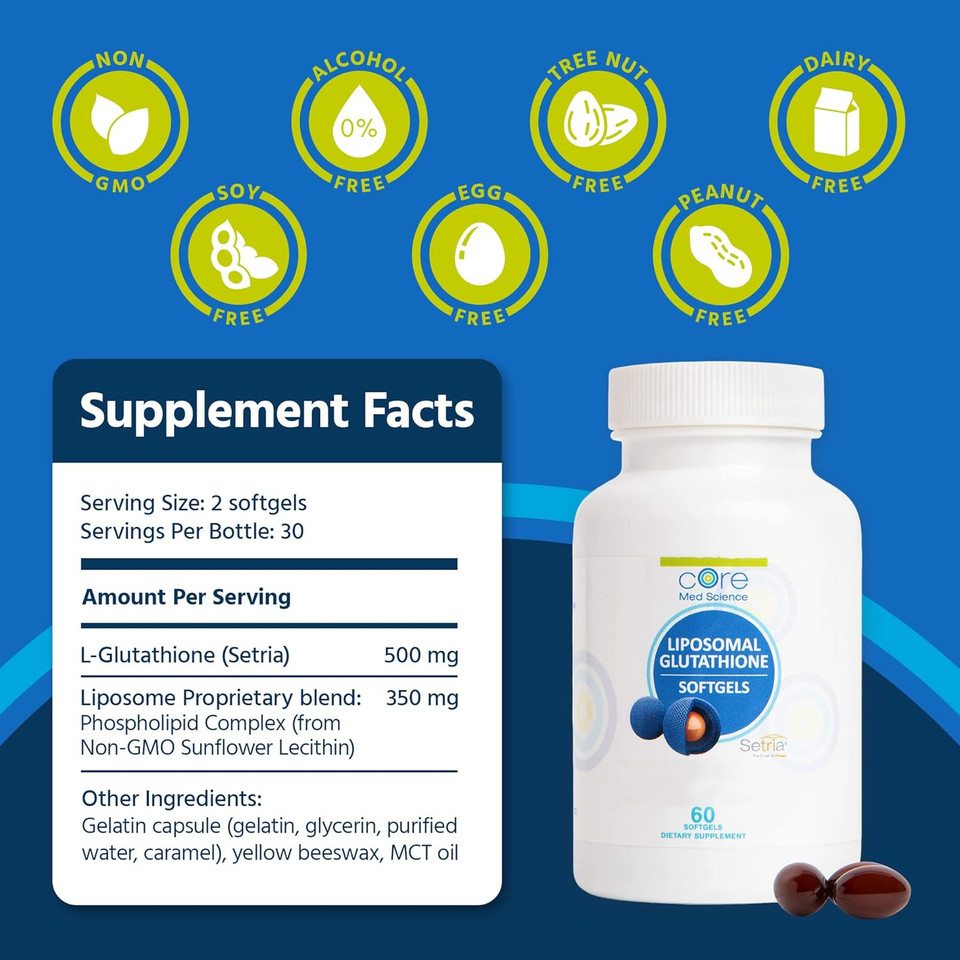 Core Med Science Liposomal Glutathione Supplement (500Mg, 60 Softgels) - Pure Reduced Setria With Phospholipid Complex - Antioxidant Supplement For Energy, And Skin