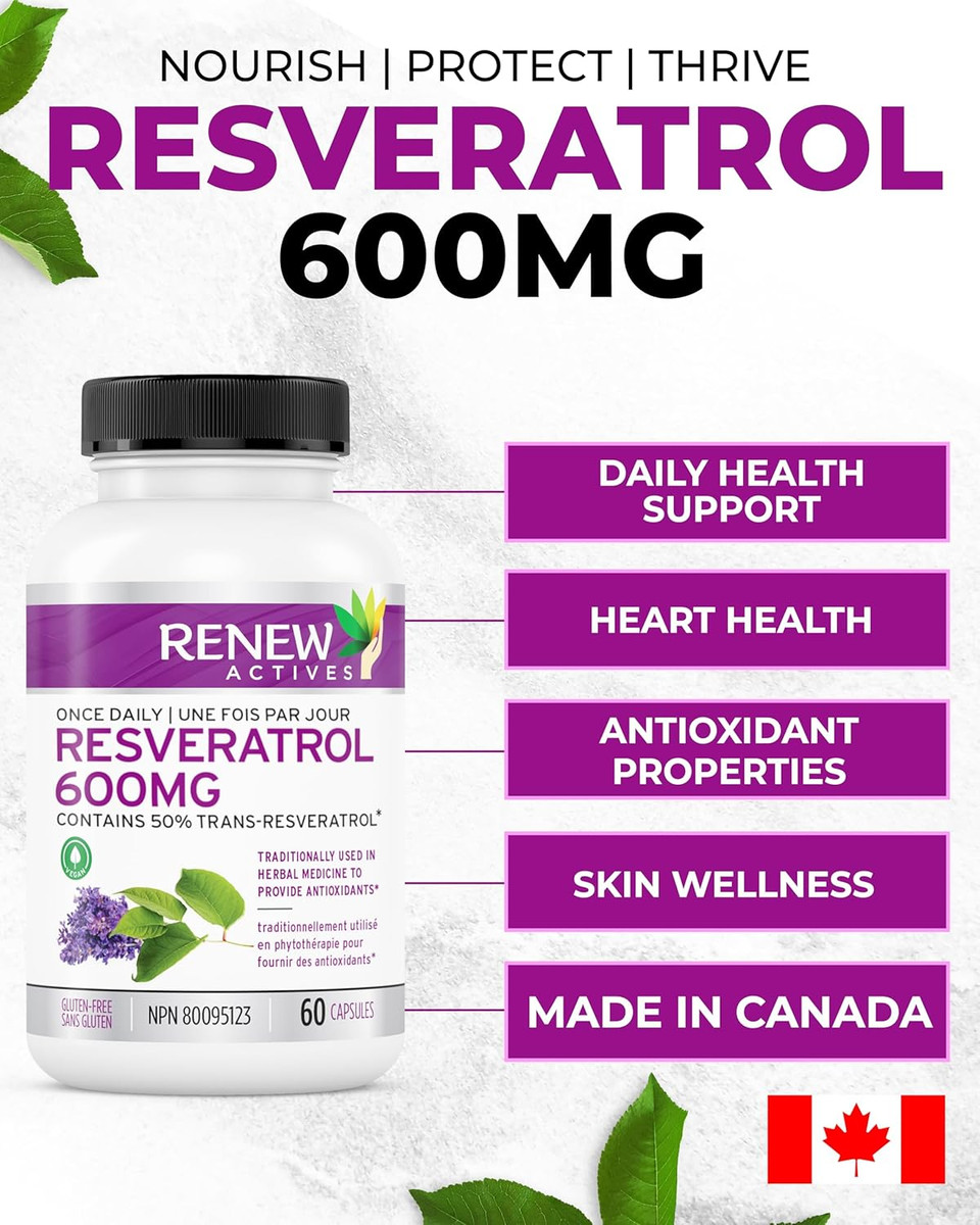 Renew Actives Resveratrol Supplement 600Mg Per Serving - High-Potency Antioxidant Complex With 50% Trans-Resveratrol  Supports Cellular Health & Longevity - Made In Canada  60 Vegan Capsules