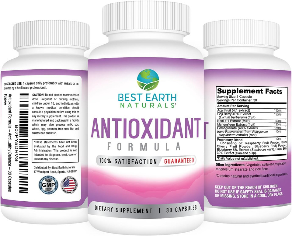Best Earth Naturals Antioxidant Supplement With Pomegranate, Mangosteen, Goji Berry Capsules For Immune Support - 30 Day Supply