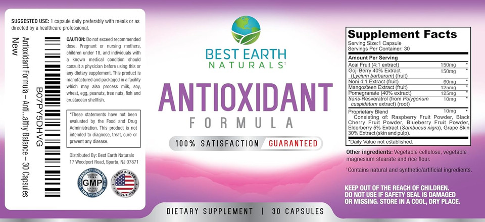 Best Earth Naturals Antioxidant Supplement With Pomegranate, Mangosteen, Goji Berry Capsules For Immune Support - 30 Day Supply