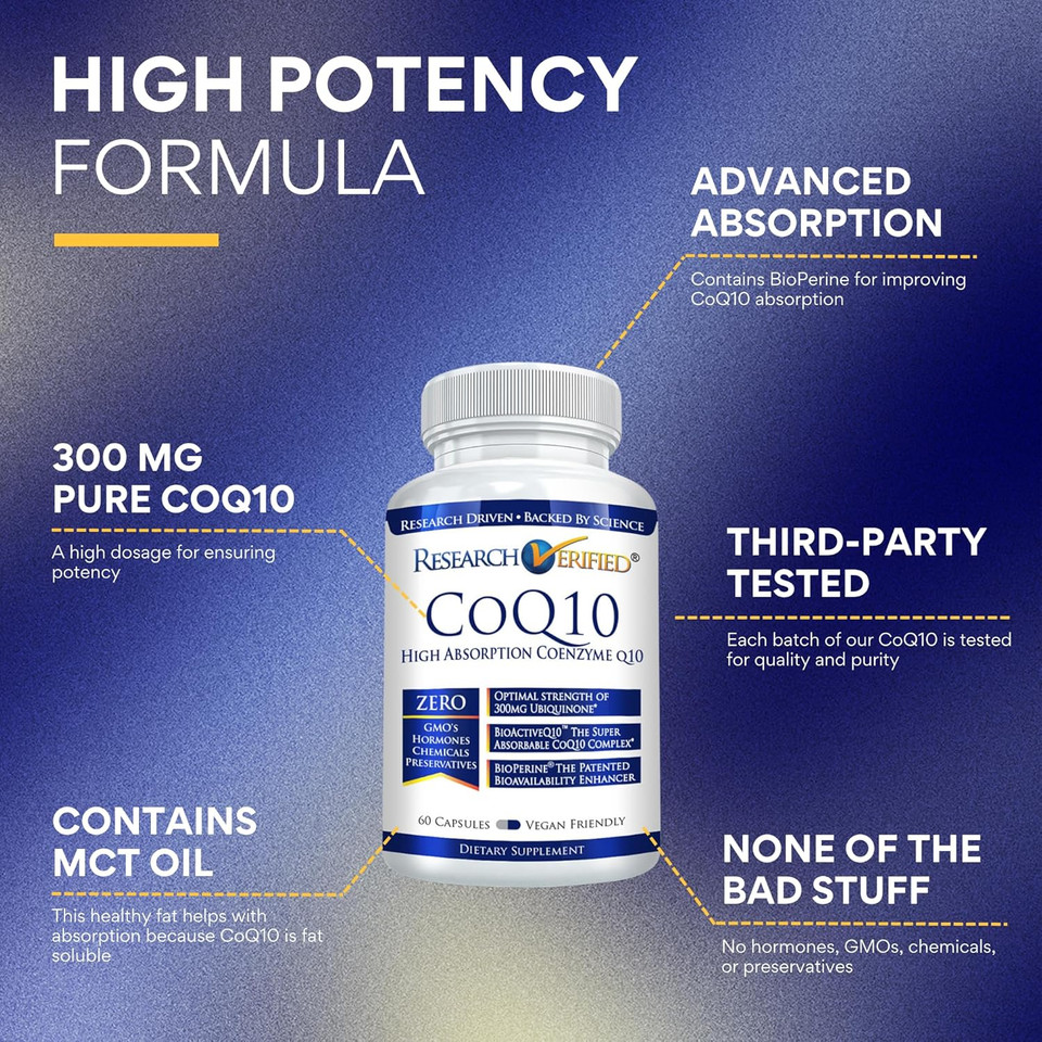 Research Verified Coq10-100% Pure Extra Strength 300Mg Coq10  Improved Absorption And Bioavailability With Bioperine - Boost Antioxidant Levels, Improve Cardiovascular Health, 60 Vegan Capsules