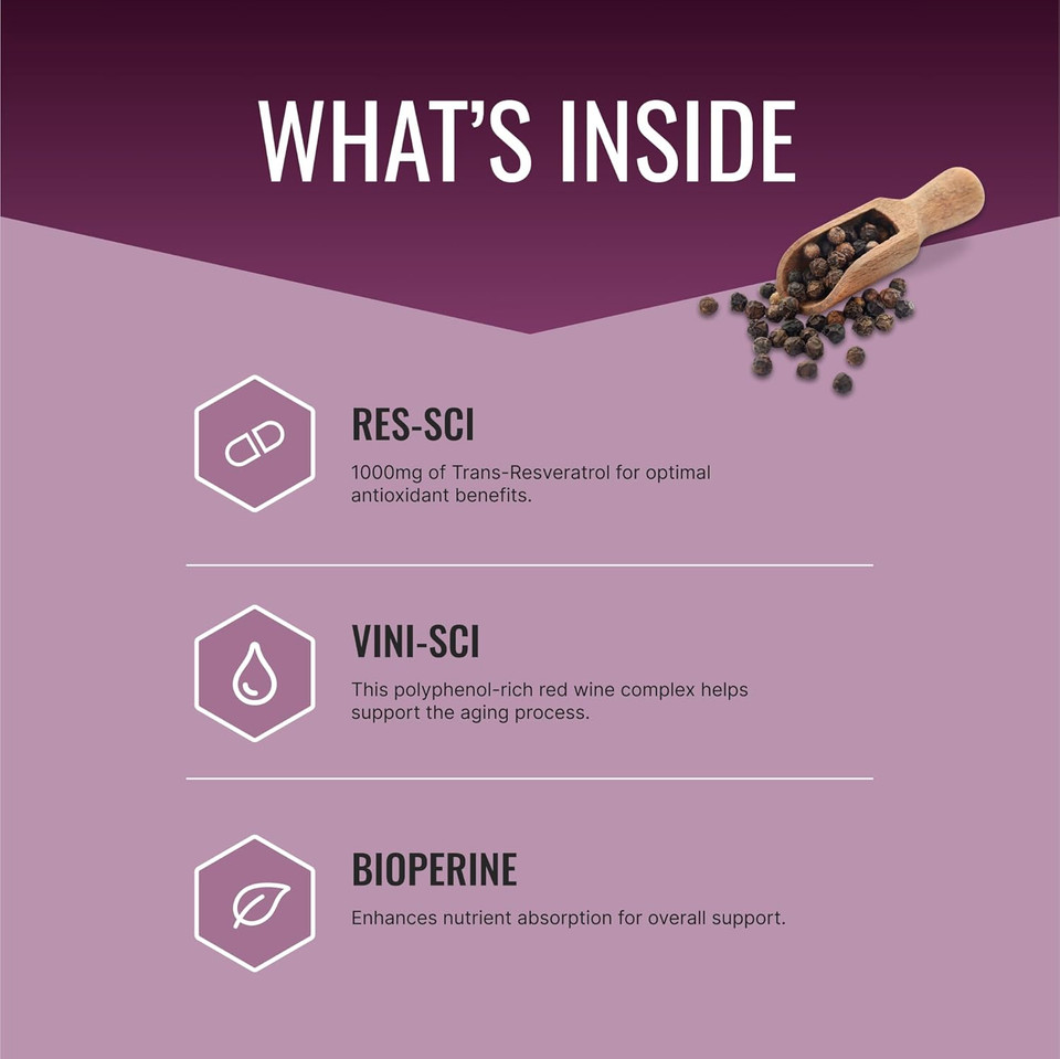 Approved Science® Resveratrol - 1000 Mg Of Trans Resveratrol - 250 Mg Of Polyphenol - 98% Purity Level - Includes Bioperine® - 60 Vegan Friendly Capsules - 1 Bottle