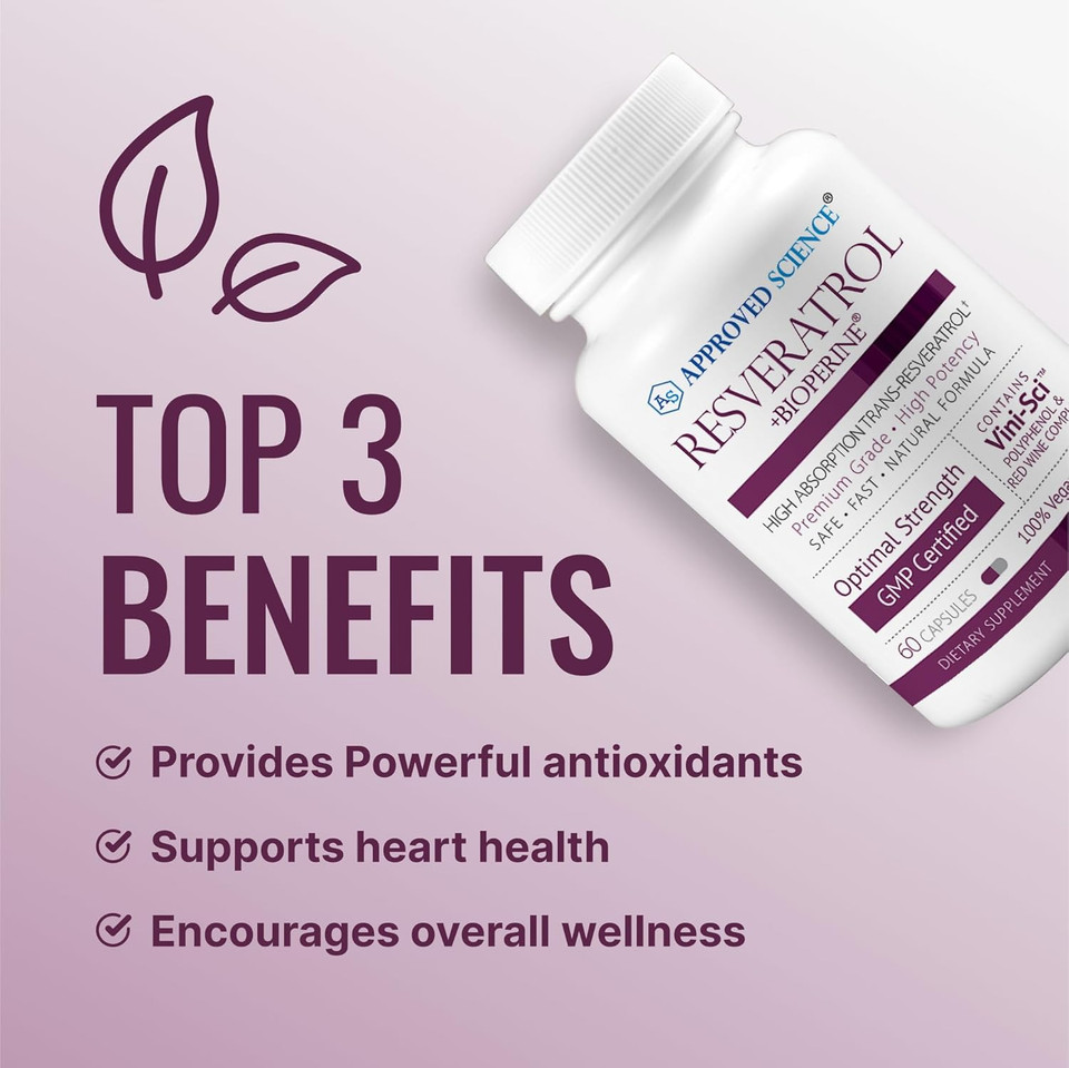 Approved Science® Resveratrol - 1000 Mg Of Trans Resveratrol - 250 Mg Of Polyphenol - 98% Purity Level - Includes Bioperine® - 60 Vegan Friendly Capsules - 1 Bottle