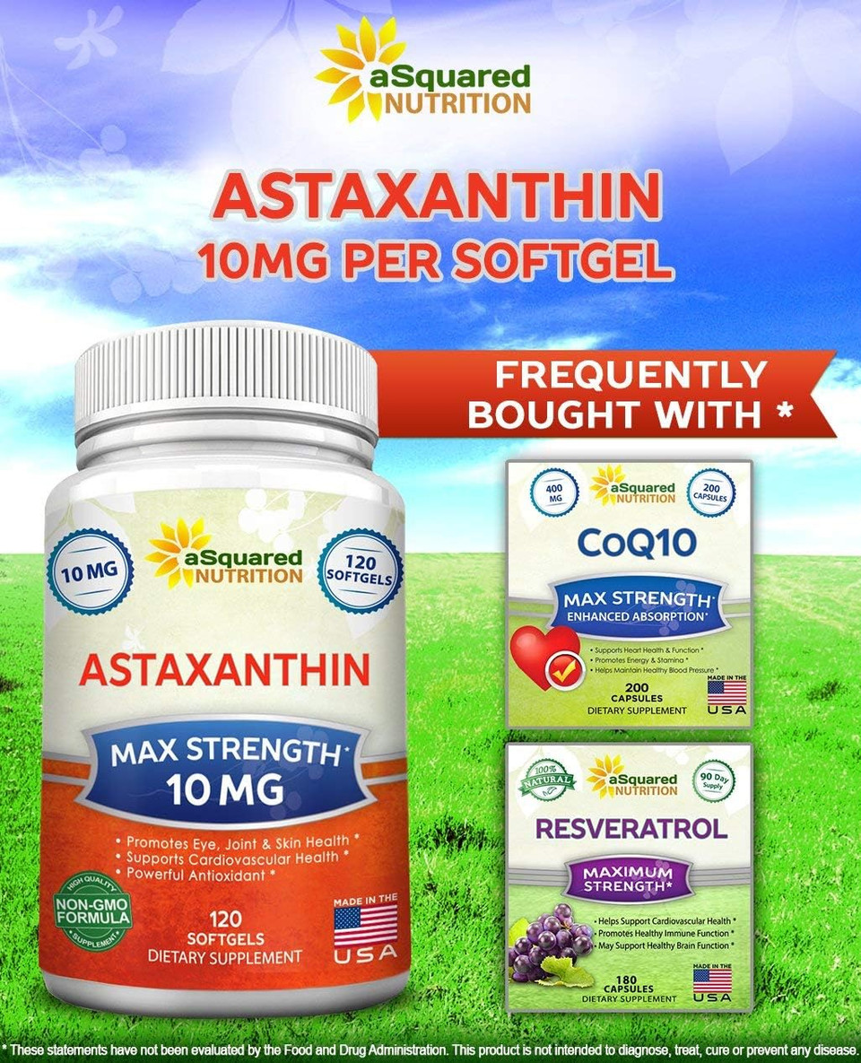 Asquared Nutrition Astaxanthin Supplement - Natural Astaxanthin Pills From Haematococcus Pluvialis Extract For Pure Energy - Max Strength 10Mg - 120 Softgels
