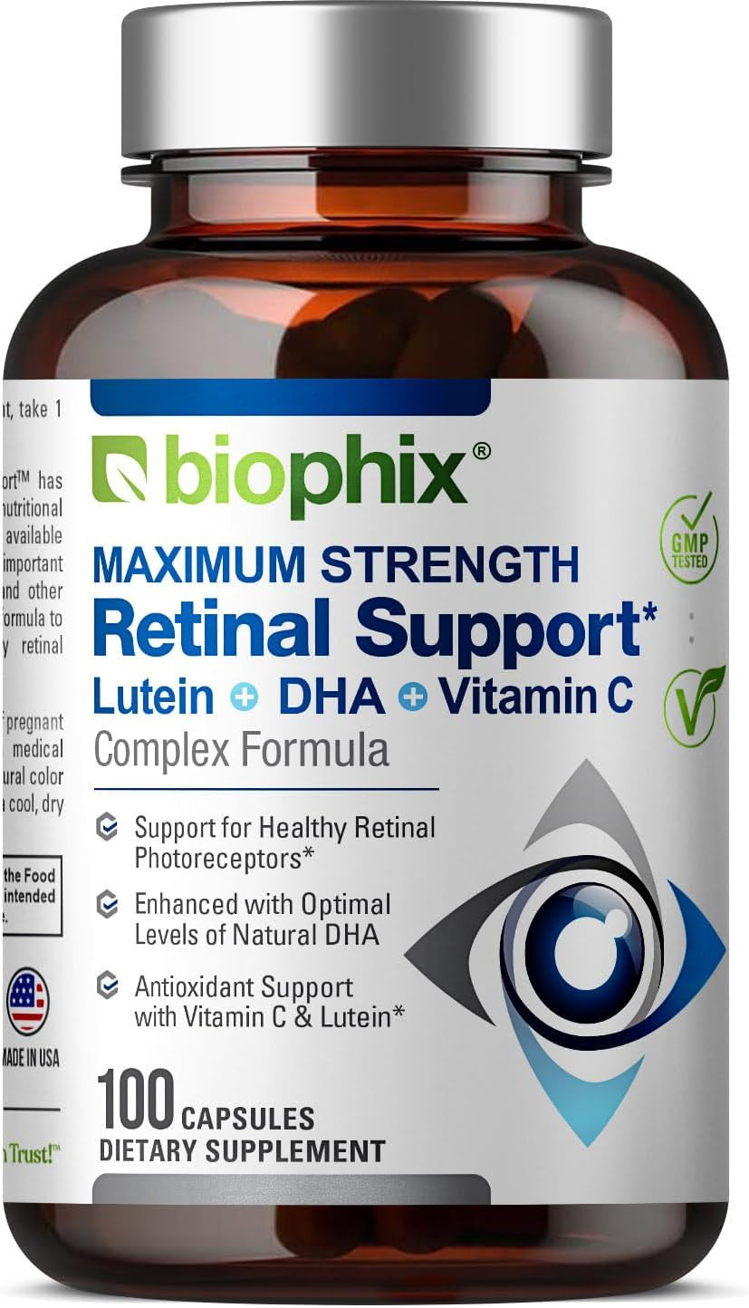 Biophix Retinal Support Maximum Strength Complex Formula 100 Capsules - Zinc Vitamin C E Lutein Dha Omega-3 Astaxanthin Hyaluronic Acid - Supports Eye Vision Health