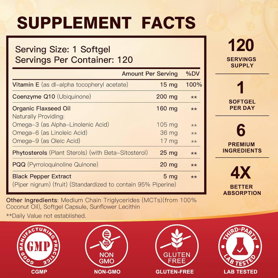 Coq10 200Mg Softgels With Vitamin E & Omega 3-6 -9 & Pqq - High Absorption Coenzyme Q10 With Bioperine | Maximum Antioxidant | Heart Supports & Cellular Energy Production Supplement | 120 Servings