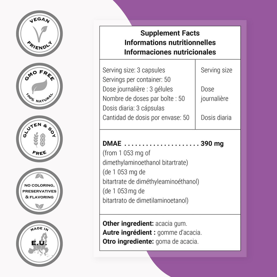Supersmart - Dmae Supplement 390Mg Per Day (Dimethylaminoethanol) - From Dmae Bitartrate - Choline Production | Non-Gmo & Gluten Free - 150 Vegetarian Capsules
