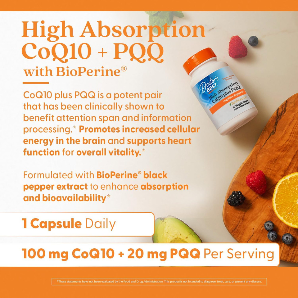 Doctor'S Best High Absorption Coq10 Plus Pqq, Cognitive Support, Usp Verified, Naturally Fermented Coq10, Non-Gmo, Gluten Free, Soy Free, Vegan 60 Veggie Caps