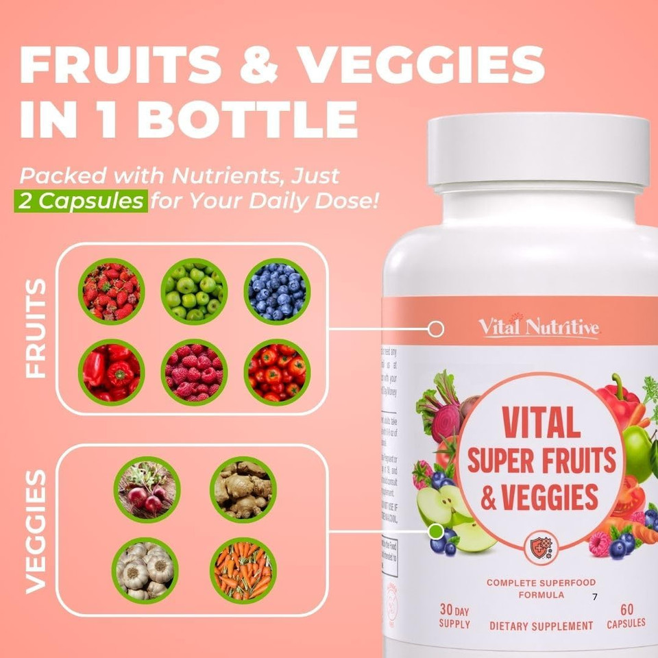 Vital Super Fruits & Veggies - Daily Superfood Capsules For Adults - Fruit And Veggies Supplement To Boost Immunity & Energy - 2-In-1 Formula For Overall Wellness - Fruit And Vegetable Capsules