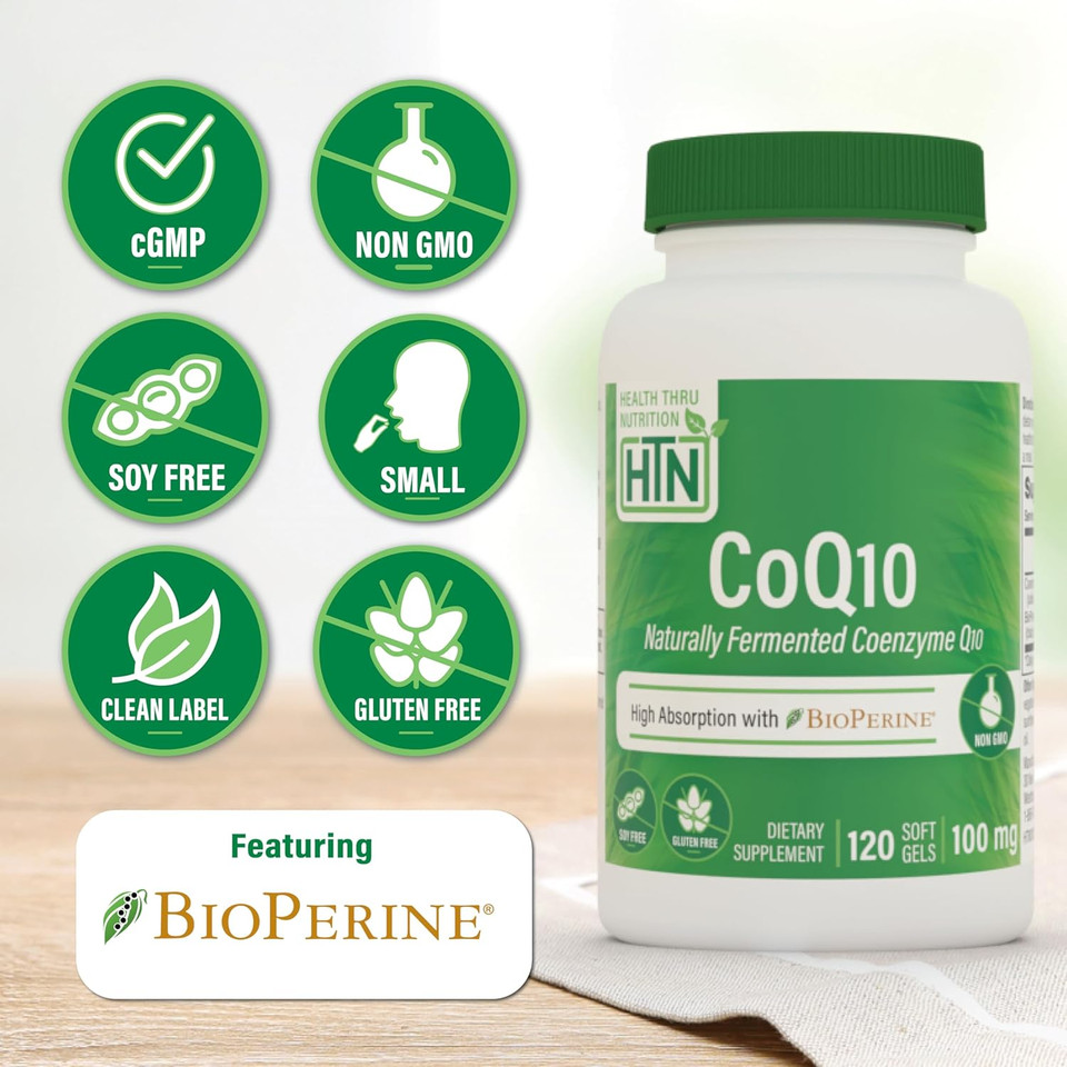 Health Thru Nutrition Coq-10 100Mg With Bioperine 360 Softgels | High Absorption Naturally Fermented Usp Grade Coenzyme Q10 Supplement | 3Rd Party Tested | Heart Health And Energy Support