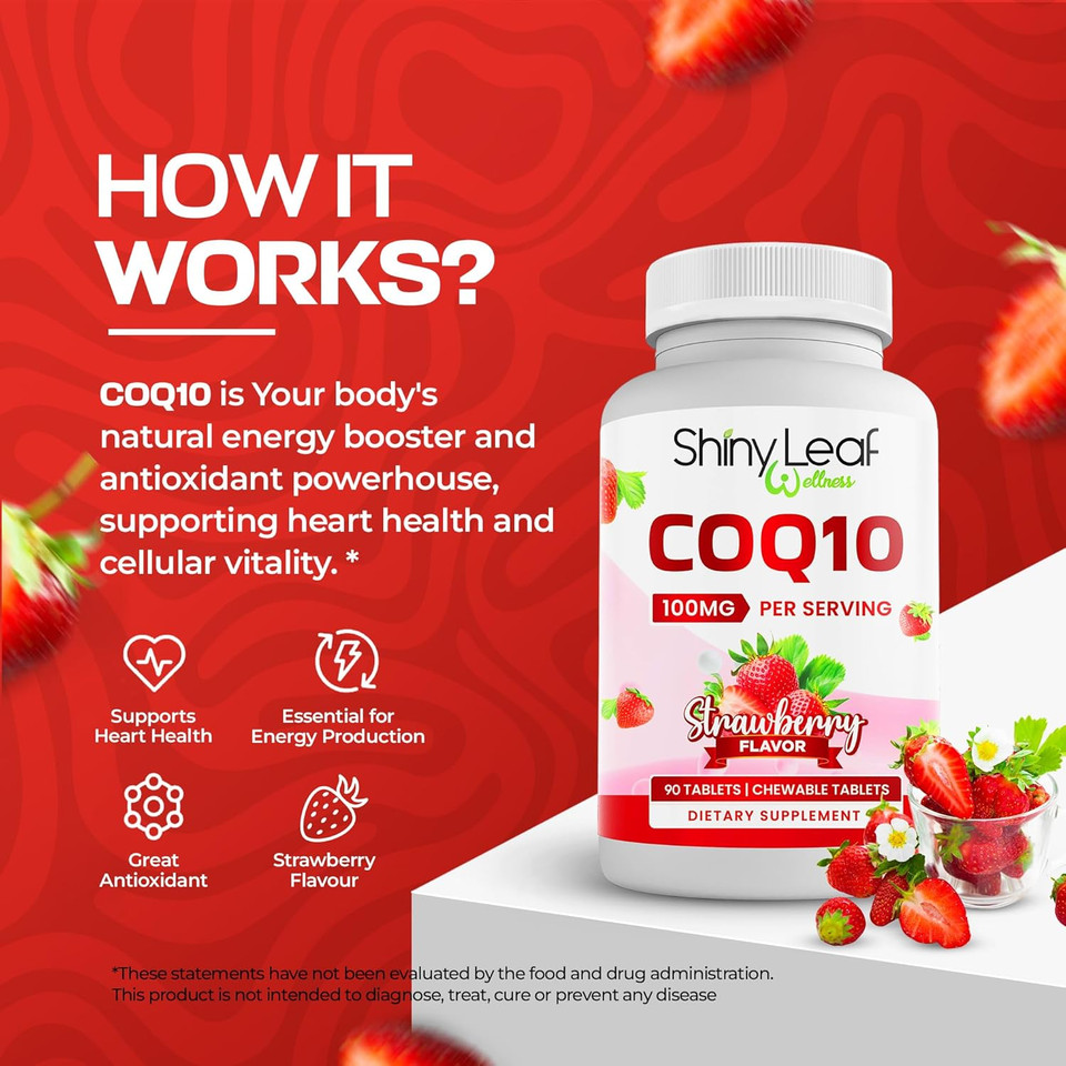 Shiny Leaf Coq10 100Mg - Chewable Coq10 Supplement - Coenzyme Q10 For Heart Health & Energy - Natural Co Q 10 Supplement For Cardiovascular Wellness - 100Mg Chewable Tablets, 90 Tablets, Made In Usa
