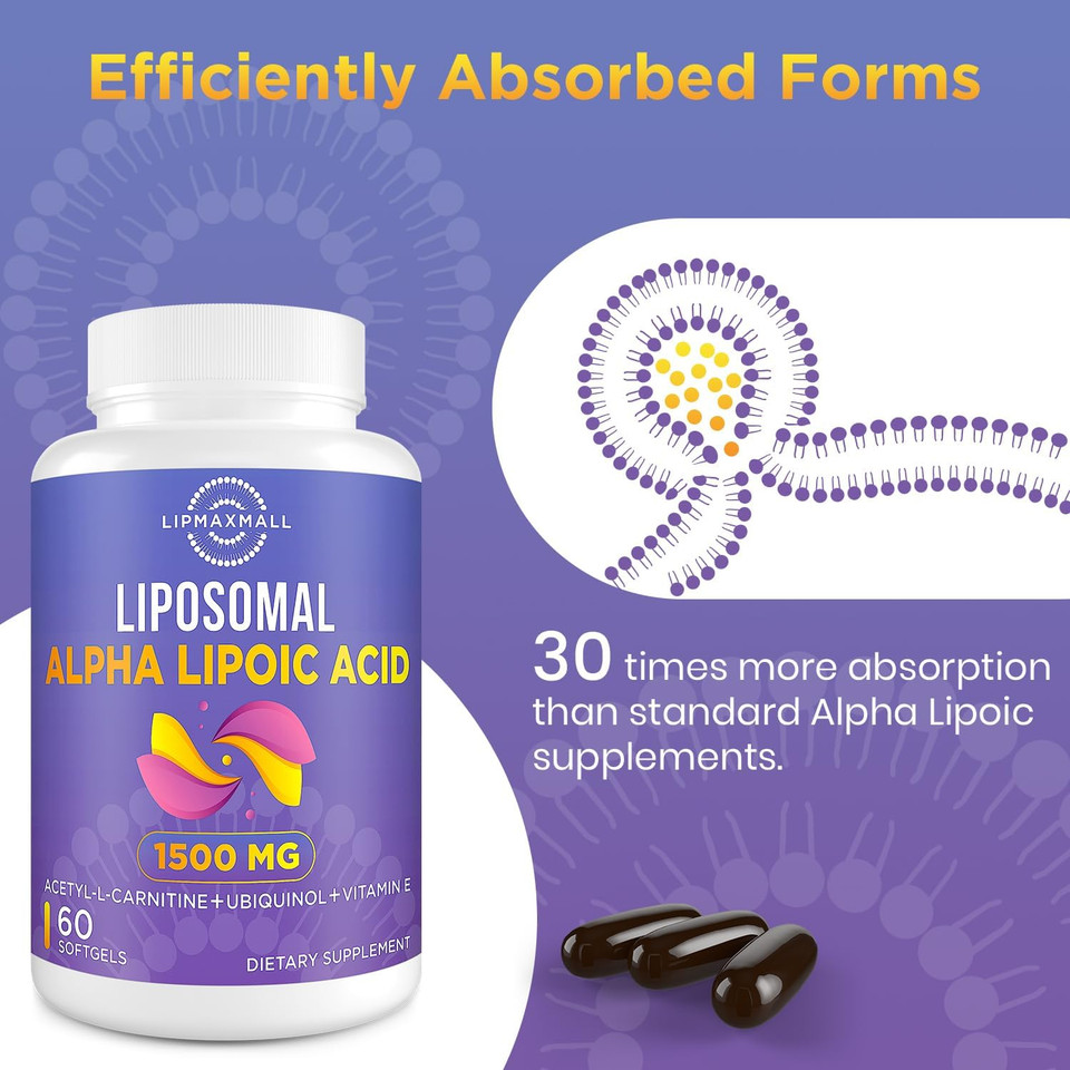 Liposomal Alpha Lipoic Acid 1500Mg-With Acetyl-L-Carnitine 900Mg& Ubiquinol 100Mg& Vitamin E 15Mg?Ala Supplement For Antioxidants Glucose Metabolism Nerve Energy Cardiovascular,60 Softgels
