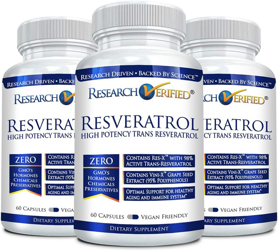 Research Verified Resveratrol - 98% Trans-Resveratrol 1000 Mg, Anti-Aging Support - 60 Capsules Per Bottle - 3 Bottles