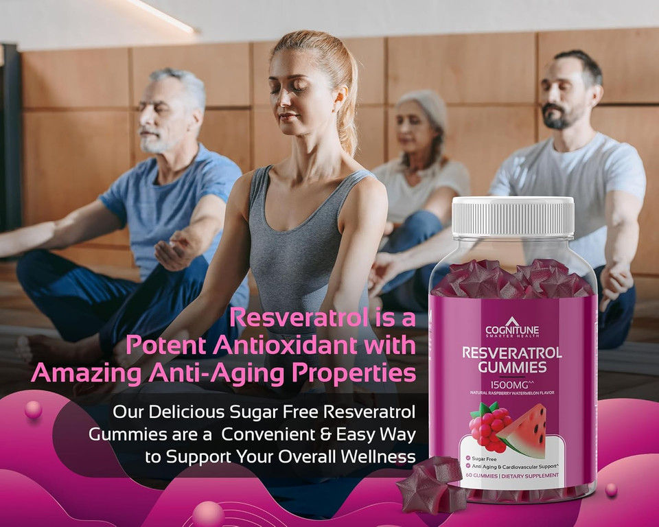 Cognitune Resveratrol Gummies  Sugar Free 1500Mg Antioxidant Supplement For Heart, Brain & Immune Support  Powerful Anti-Aging Trans Resveratrol Chews For Longevity & Wellness