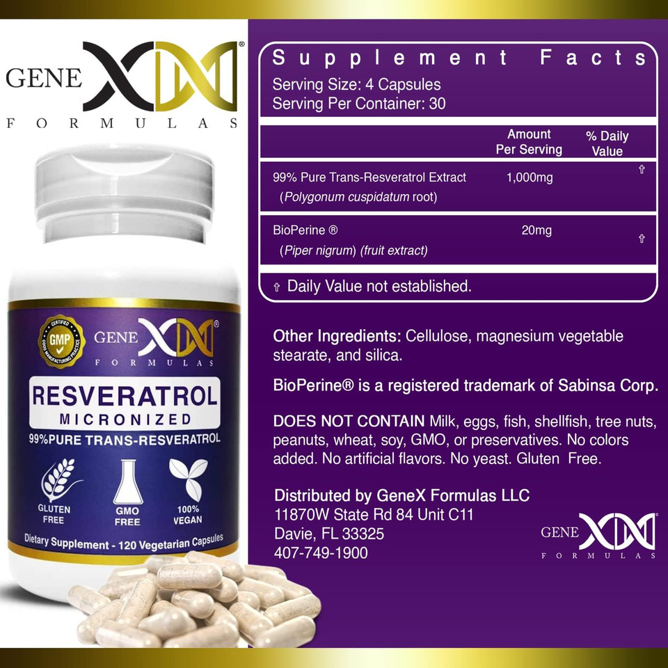 Genex Formulas 99% Micronized Trans-Resveratrol With Bioperine For Absorption 1000Mg | Pure Organic Pharmaceutical Grade Trans-Resveratrol Capsules For Healthy Aging, 120 Capsules (3)