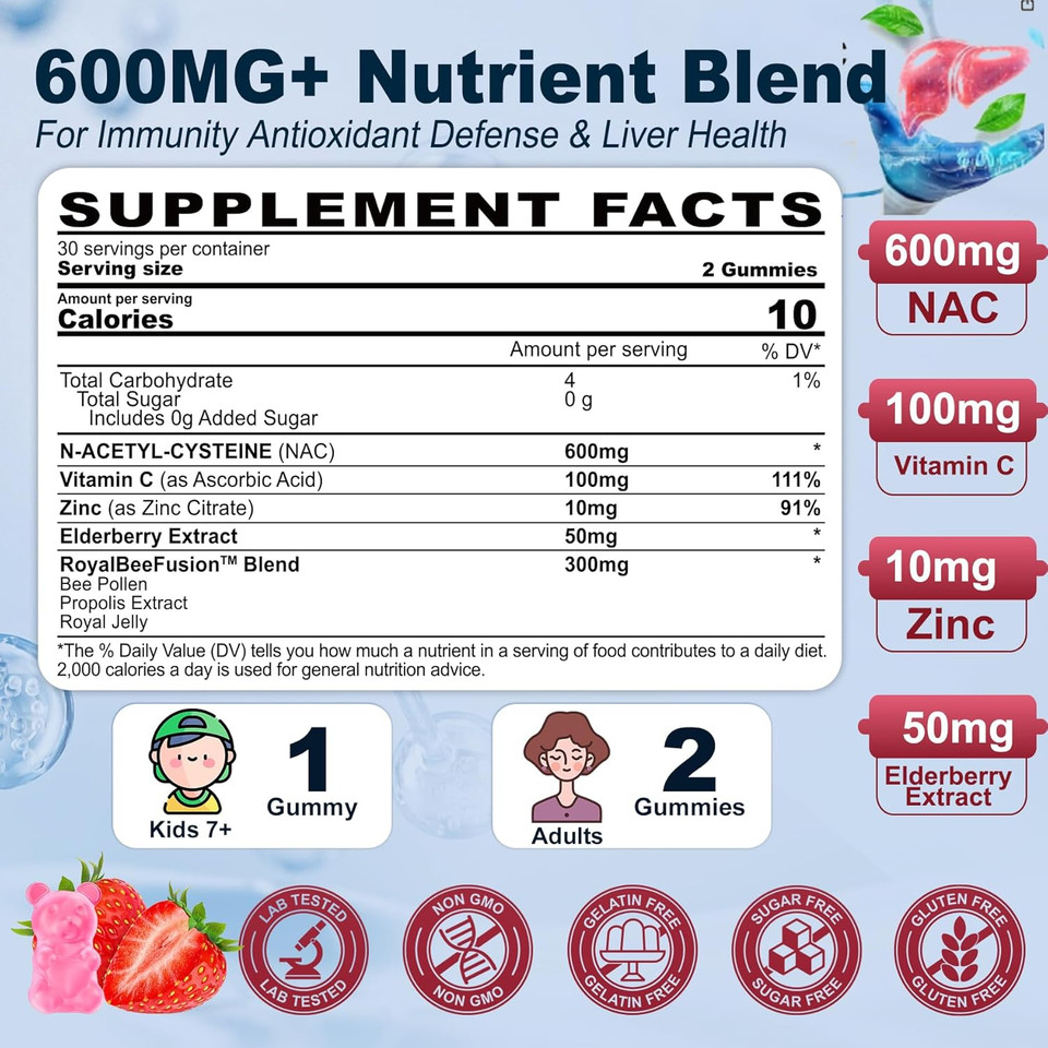 Nac Gummies For Kids & Adults, Chewable N-Acetyl Cysteine Supplement 600Mg 1000Mg W/Vitamin C, Zinc, Elderberry For Antioxidants & Immune Support, Lung & Liver Health, Sugar Free, 120 Ct