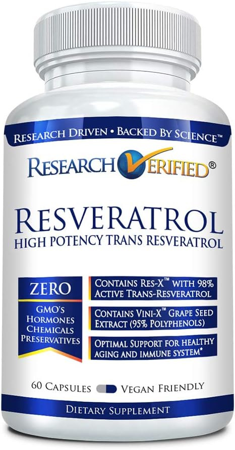 Research Verified Resveratrol - 98% Trans-Resveratrol 1000 Mg, Anti-Aging Support - 60 Capsules Per Bottle - 6 Bottles