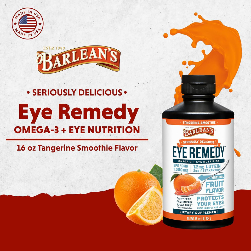 Barlean'S Eye Remedy Supplement, Tangerine Flavored Fish Oil Liquid With Lutein, Astaxanthin And Zeaxanthin,1,000Mg Omega 3 Epa Dha, Eye Care Supplements, 16 Oz