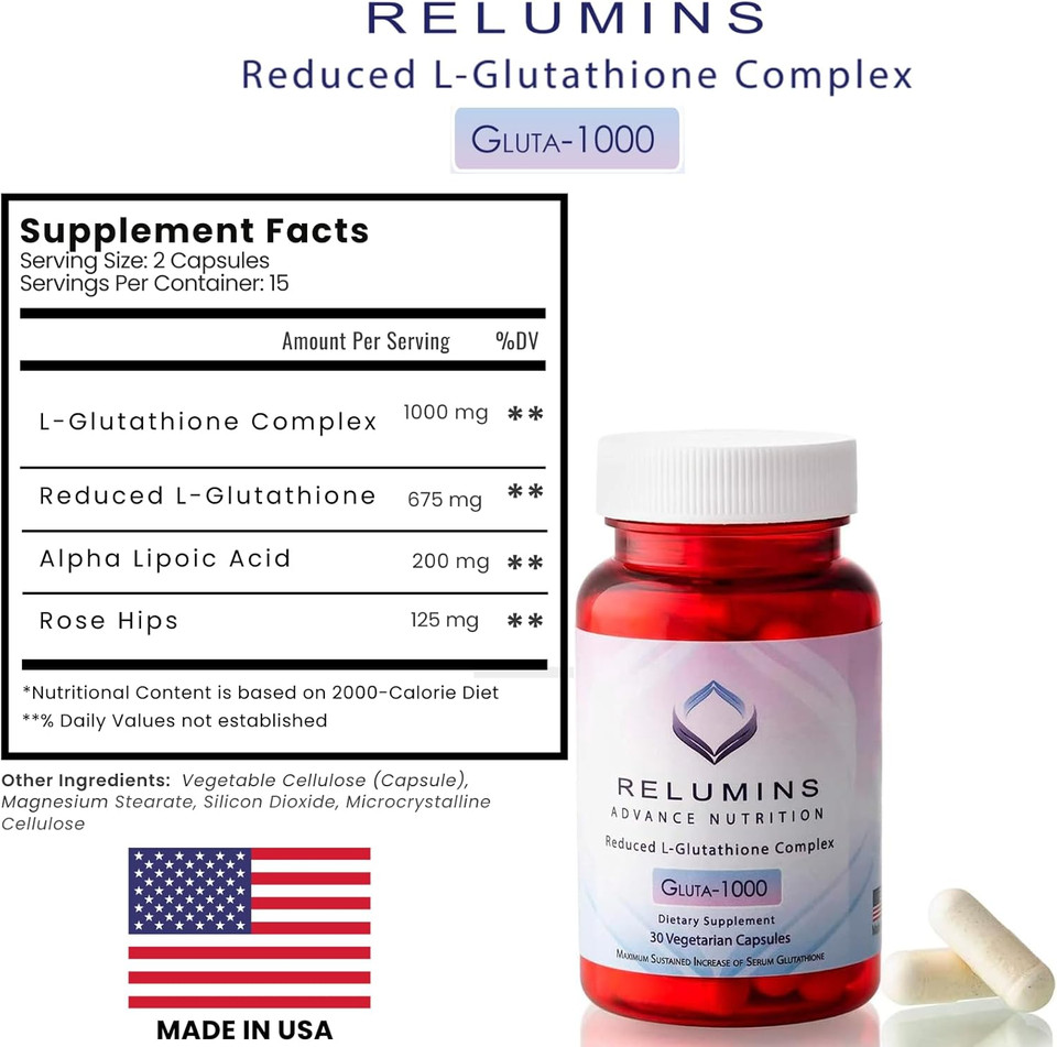 Relumins Advance Nutrition Gluta 1000 - Reduced L-Glutathione, Alpha Lipoic Acid & Rose Hips - Antioxidant Support For Skin & Overall Wellness - 30 Veg Capsules X 5 Bottles (75-Day Supply)