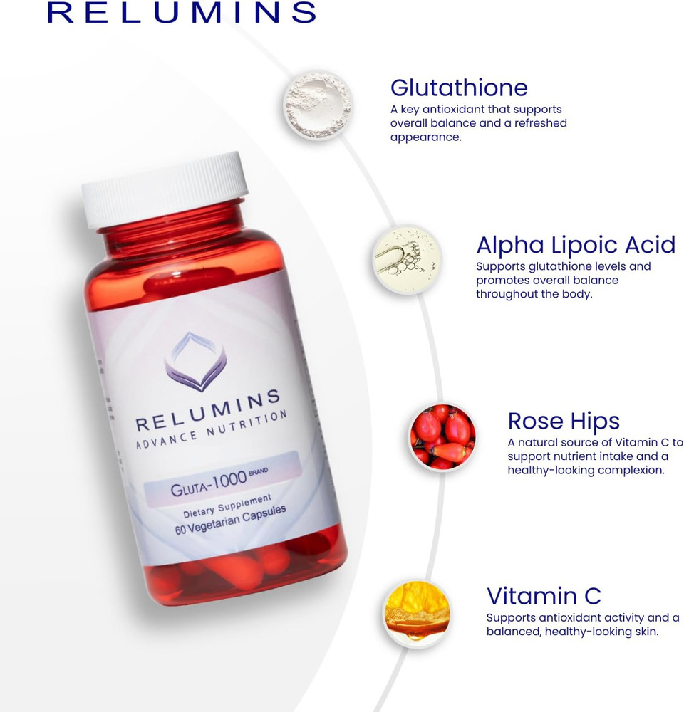 Relumins Advance Nutrition Gluta 1000 - Reduced L-Glutathione, Alpha Lipoic Acid & Rose Hips - Antioxidant Support For Skin & Overall Wellness - 30 Veg Capsules X 5 Bottles (75-Day Supply)