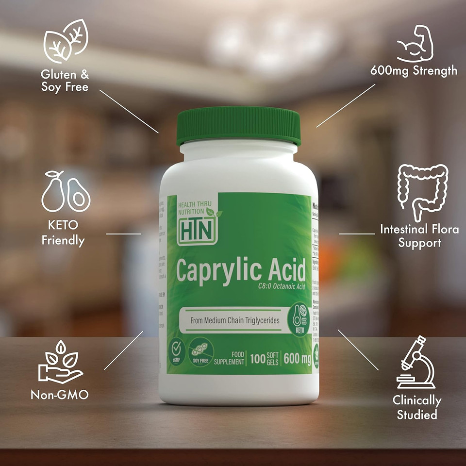 Health Thru Nutrition Caprylic Acid 600Mg 200 Softgels | C8 Octanoic Acid From Pure 1G Mct Oil | Non-Gmo & Soy Free | Support Healthy Digestive And Intestinal Health | Keto Friendly