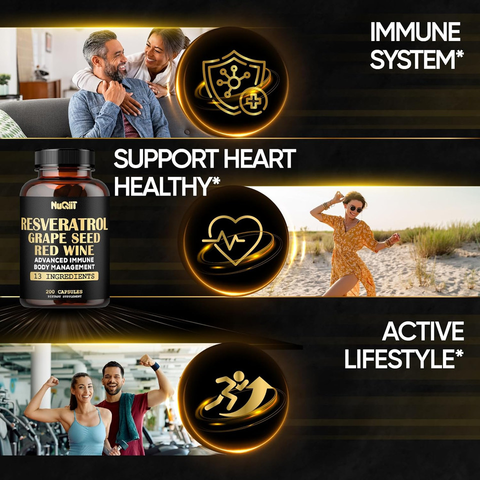 Trans Resveratrol Supplement With Red Wine Extract, Immune & Body Management Complex - Echinacea, Garlic Bulb, Berberine Hci, Milk Thistle & More - 200 Capsules For 100 Servings