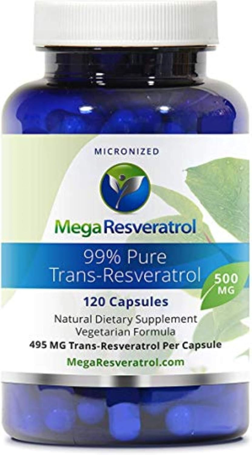 Mega Resveratrol, Pharmaceutical Grade,99% Pure, Isolate, Micronized Trans-Resveratrol, 120 Veggie Caps, 500Mg Per Capsule. Purity Certified. Absolutely No Toxic Inactive Ingredients Added