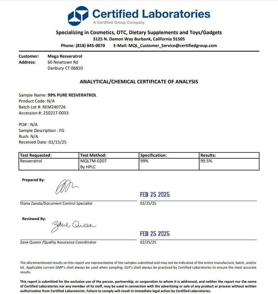 Mega Resveratrol, Pharmaceutical Grade,99% Pure, Isolate, Micronized Trans-Resveratrol, 120 Veggie Caps, 500Mg Per Capsule. Purity Certified. Absolutely No Toxic Inactive Ingredients Added