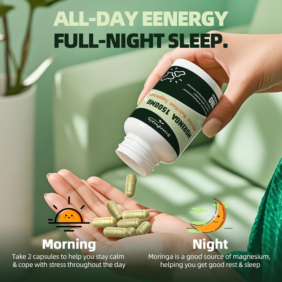 Moringa Pure Capsules, Rich Moringa Powder, A Natural Green Antioxidant Superfood - Supports Energy, Skin Health, Gut Health, With Essential Vitamins & Amino Acids 90Pcs*2