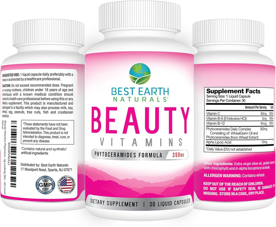 Best Earth Naturals Beauty Vitamins Phytoceramide Pills - Skin Hydrating Support Supplement With Alpha Lipoic Acid And More To Help Promote Hydrated Skin - 30 Count