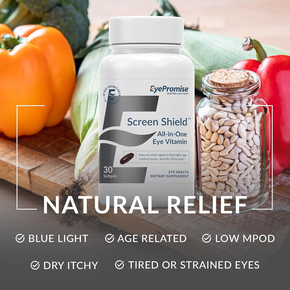 Eyepromise Screen Shield All-In-One Eye Vitamin | Omega3 Fish Oil, Bilberry, Lutein, Zeaxanthin, Vitamins A, C, B12, Zinc | 30 One-A-Day, Easy-Swallow Softgel Capsules