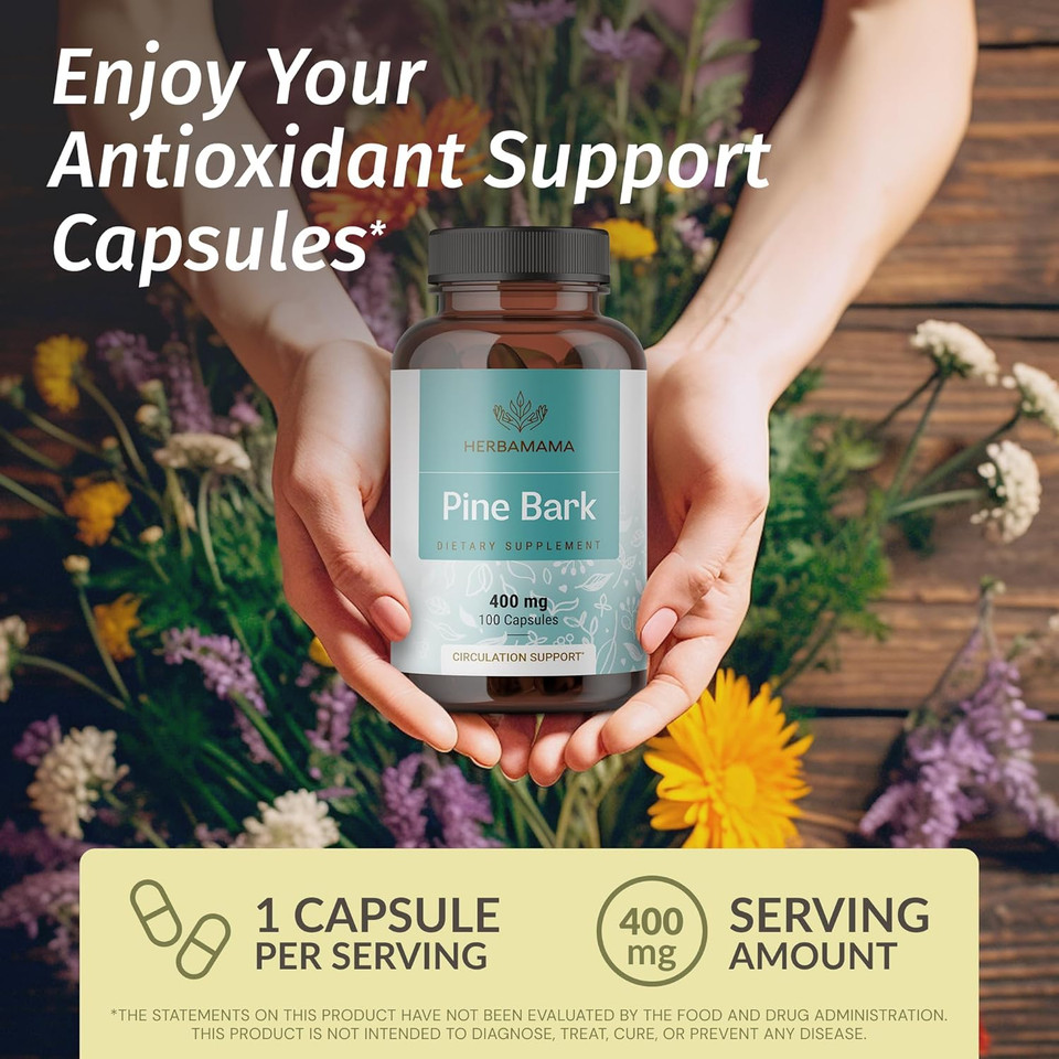 Herbamama Pine Bark Extract Capsules - 400Mg French Maritime Pine Bark Extract Powder For Antioxidant Support - Vegan, Non-Gmo Pinus Pinaster Supplement, 100 Caps