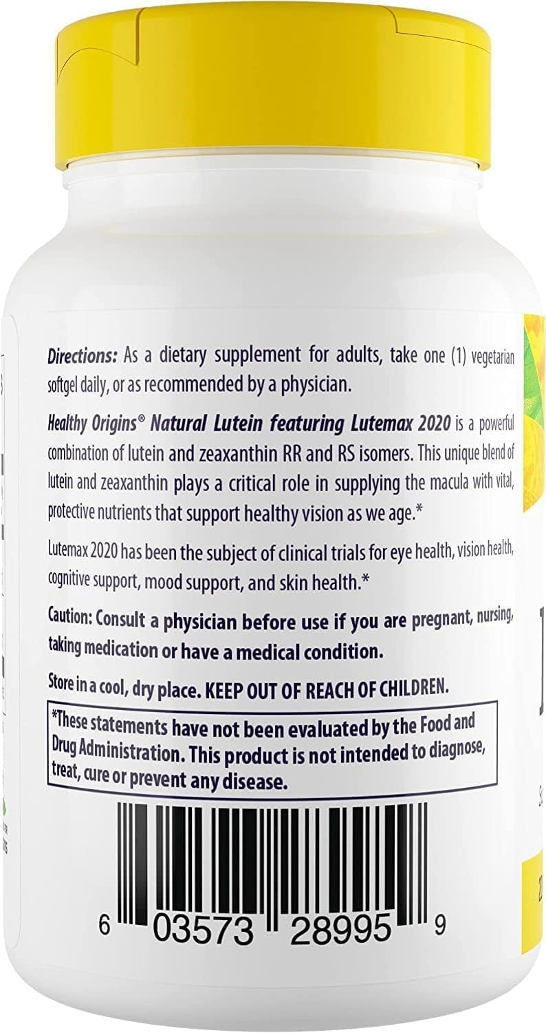Healthy Origins Lutein 20 Mg (Lutemax 2020 With Zeaxanthin, Non-Gmo, Vegan, Eye Support), 180 Veggie Gels